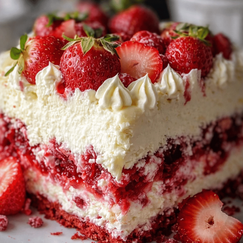 Slice of Strawberry Earthquake Cake topped with fresh strawberries on a dessert plate
