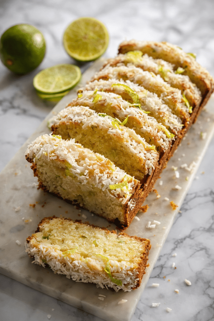 Easy Tropical Coconut Lime Cake loaf topped with lime glaze and coconut flakes