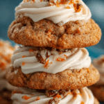 Delish carrot cake cookies with cream cheese topping on a plate