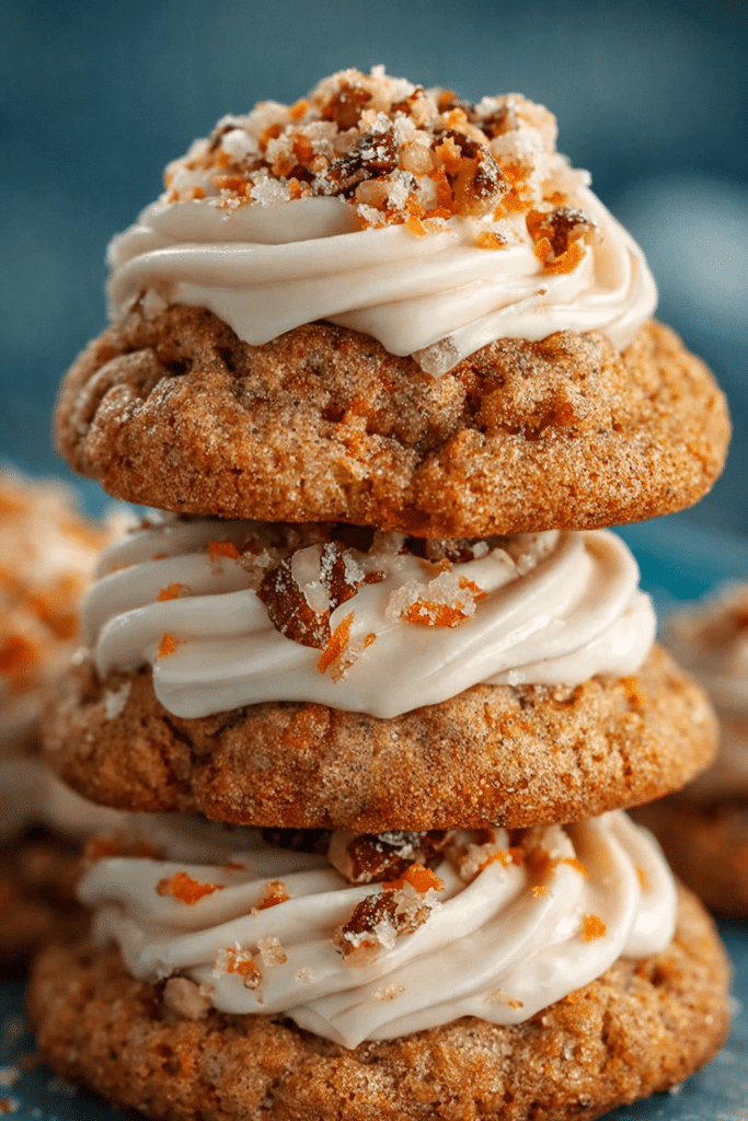 Delish carrot cake cookies with cream cheese topping on a plate