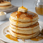Fluffy best buttermilk pancakes stacked with butter and maple syrup