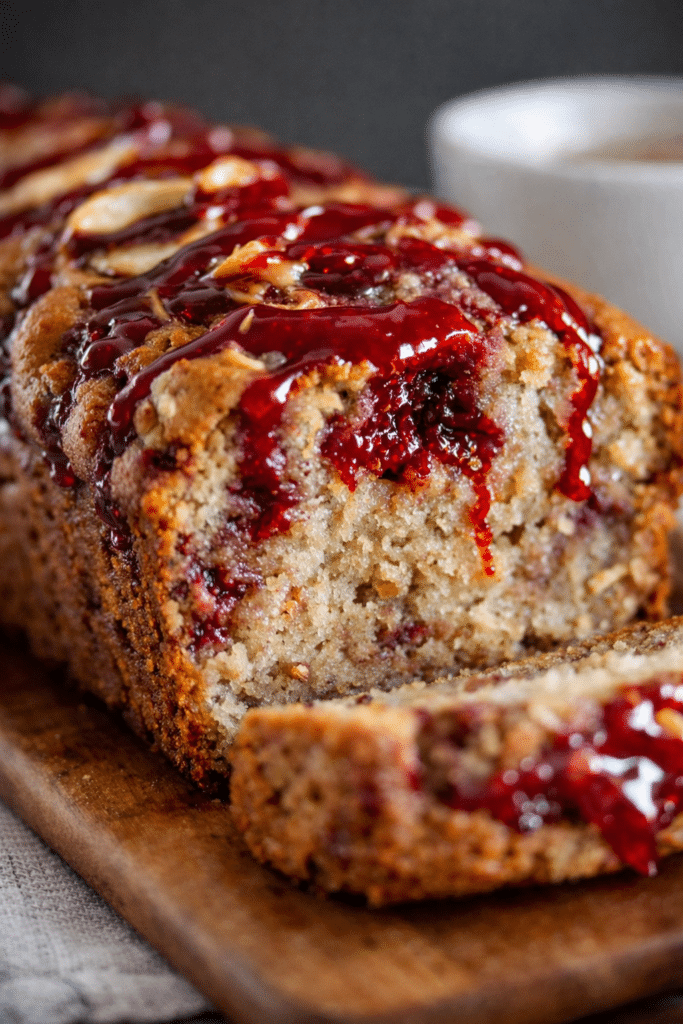 Peanut Butter & Jelly Banana Bread sliced with strawberry jam swirl and peanut topping