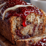 Homemade Peanut Butter & Jelly Banana Bread slice showing fruity jam swirl