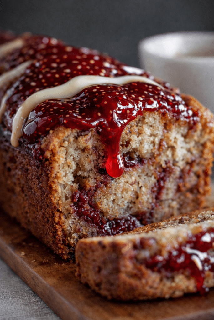 Homemade Peanut Butter & Jelly Banana Bread slice showing fruity jam swirl