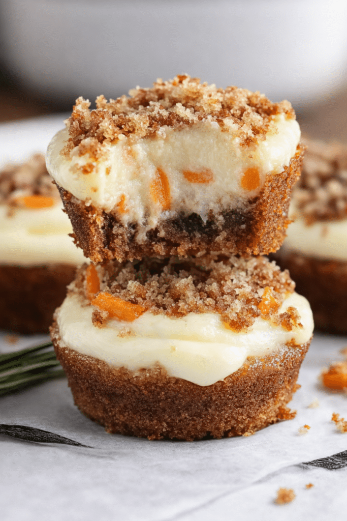 Mini carrot cake cheesecakes with creamy cheesecake layer and spiced carrot cake base topped with whipped cream