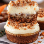 Homemade mini carrot cake cheesecakes decorated with whipped cream and cinnamon