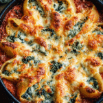 Chicken and Spinach Stuffed Shells baked with creamy cheese and tomato sauce in a casserole dish
