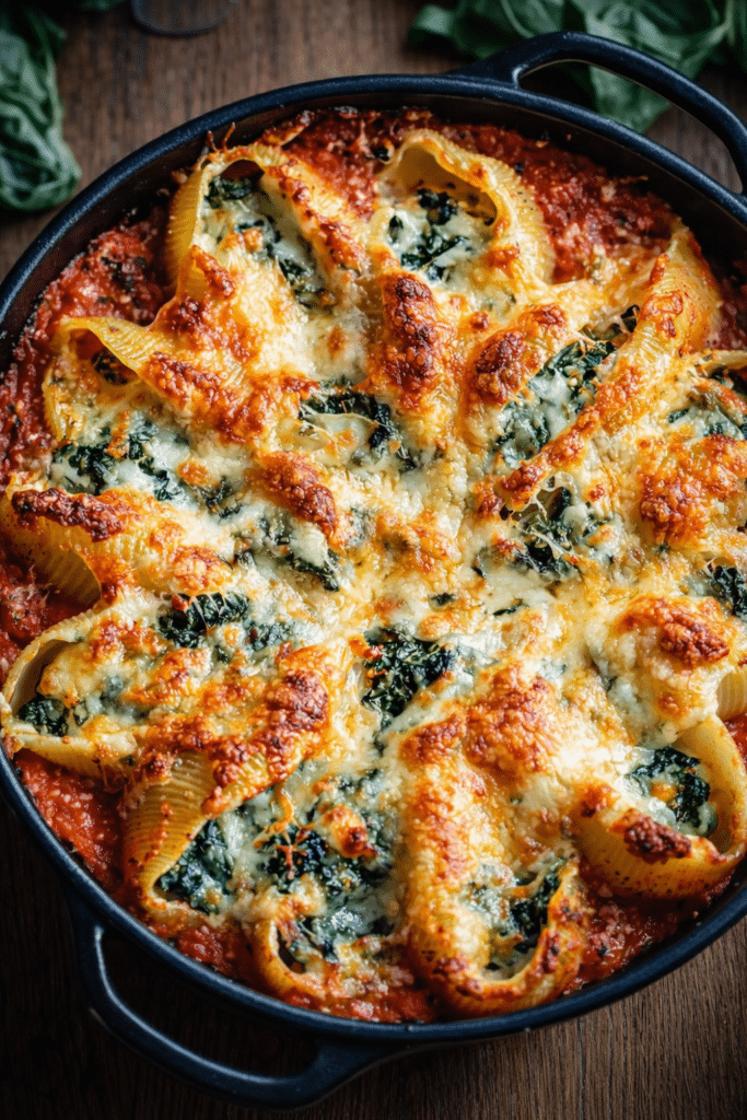 Chicken and Spinach Stuffed Shells baked with creamy cheese and tomato sauce in a casserole dish