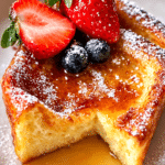German Pancakes baked in a skillet with powdered sugar and berries