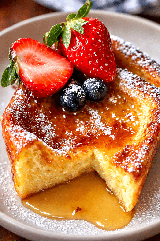 German Pancakes baked in a skillet with powdered sugar and berries