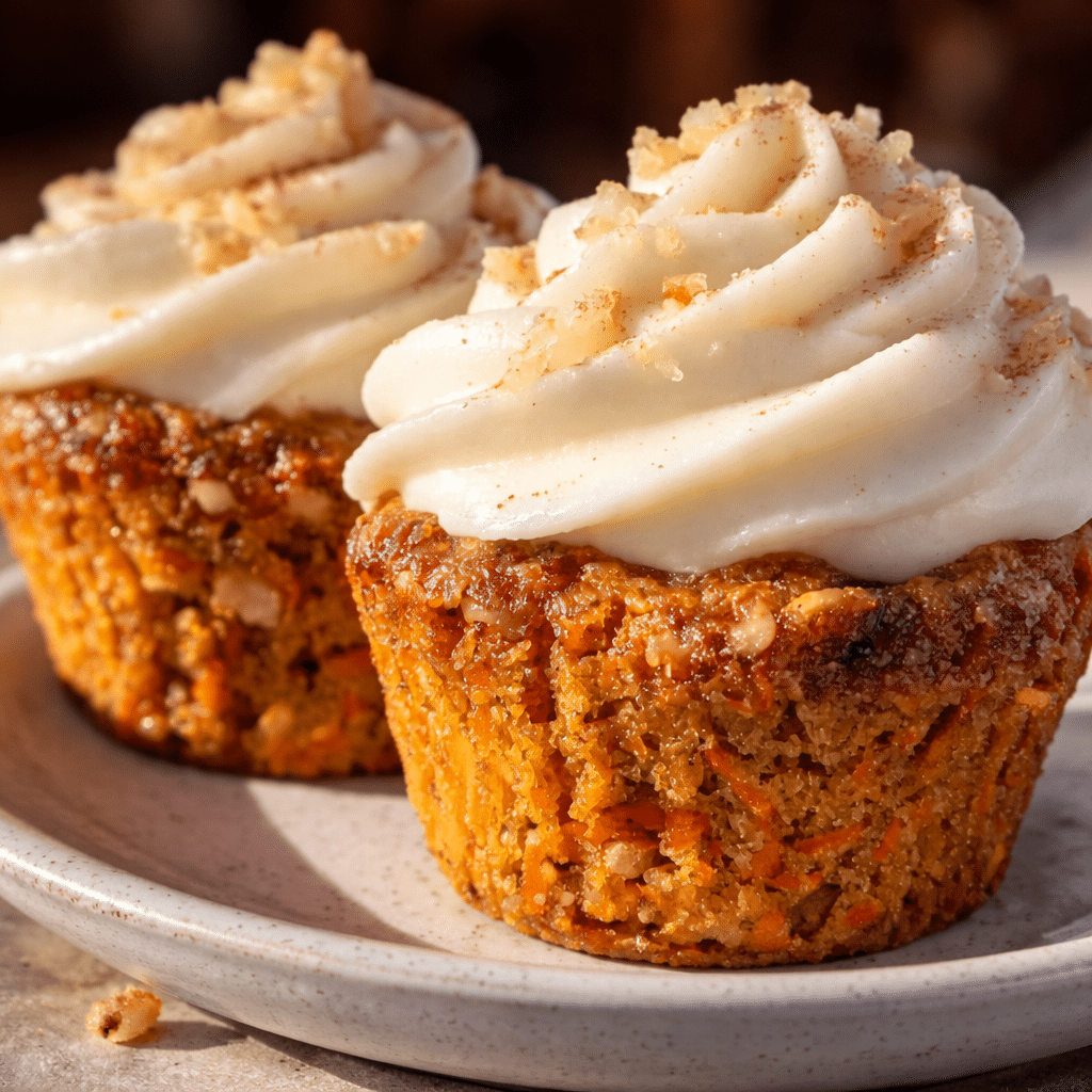 Moist carrot cake cupcakes topped with creamy frosting on a dessert plate