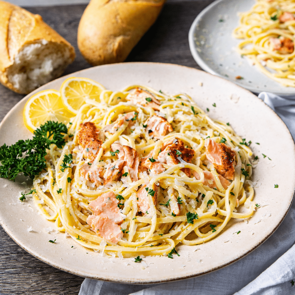Salmon pasta with lemon cream sauce served with flaky salmon and parsley