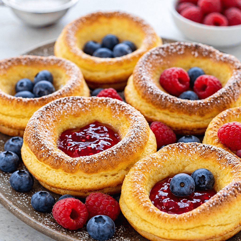 Mini Dutch Baby Pancakes baked in a muffin tin with powdered sugar and fresh berries