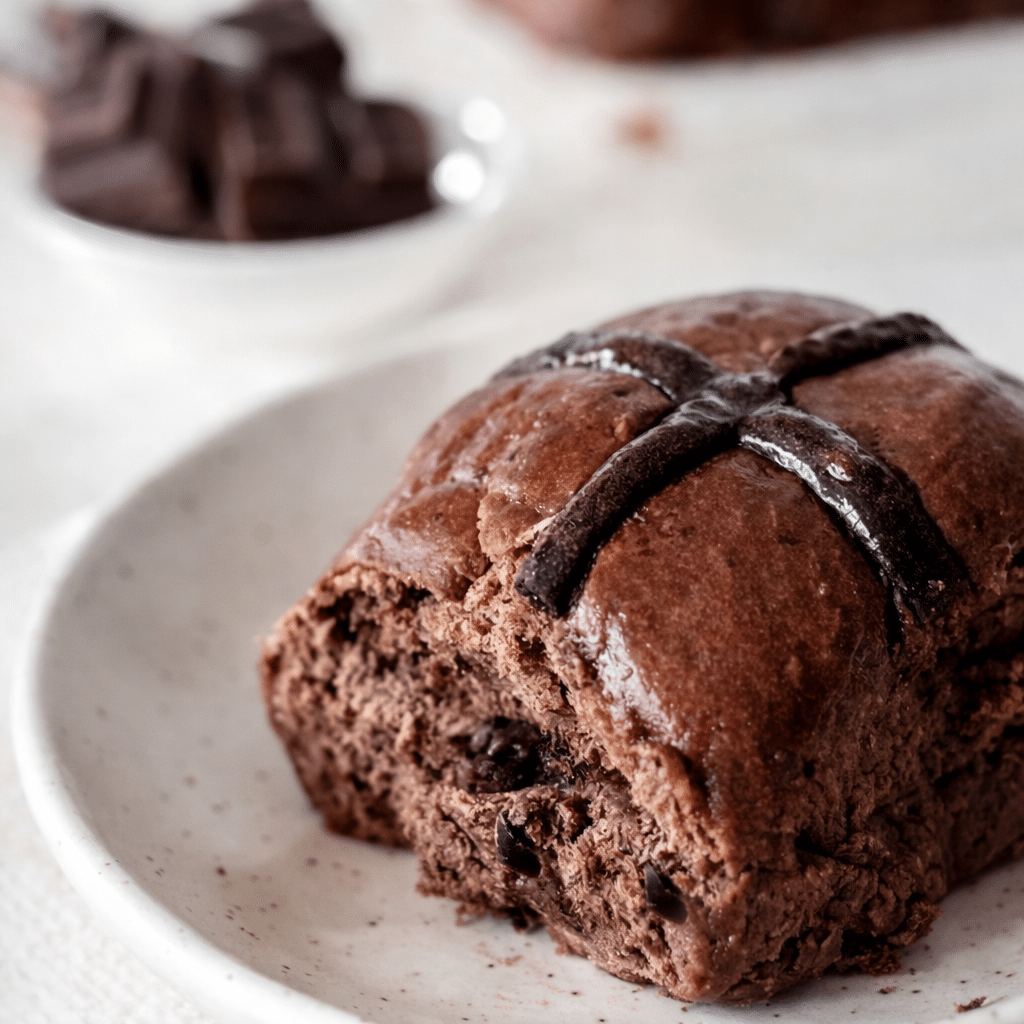 Freshly baked brioche chocolate hot cross buns soft and golden