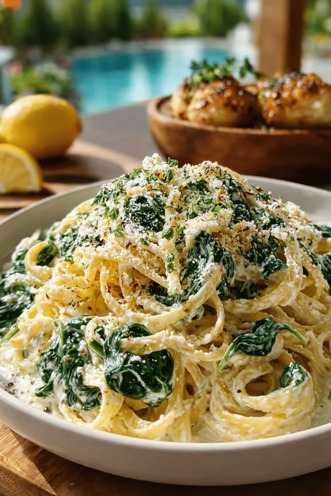 Creamy lemon ricotta pasta with spinach served in a bowl with parmesan and lemon zest