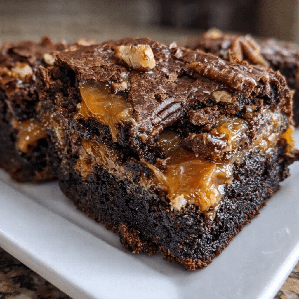 Divine Turtle Brownies with gooey caramel layer, chocolate topping, and crunchy pecans