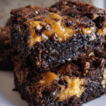 Fudgy Divine Turtle Brownies squares topped with caramel drizzle and pecans