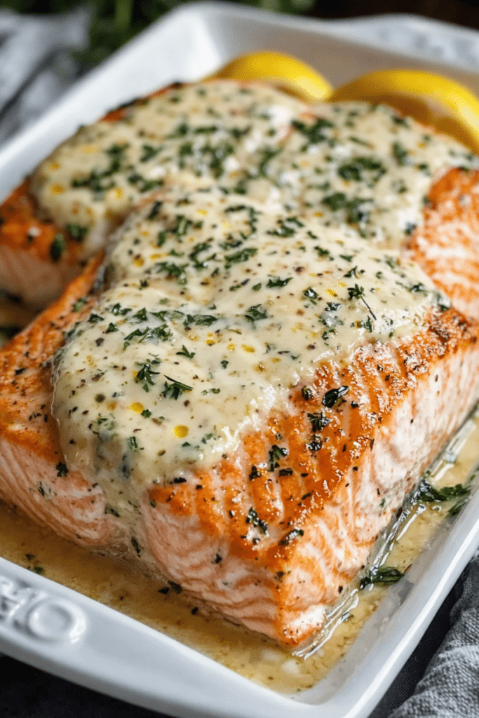 Easy Baked Boursin Salmon topped with creamy garlic herb sauce