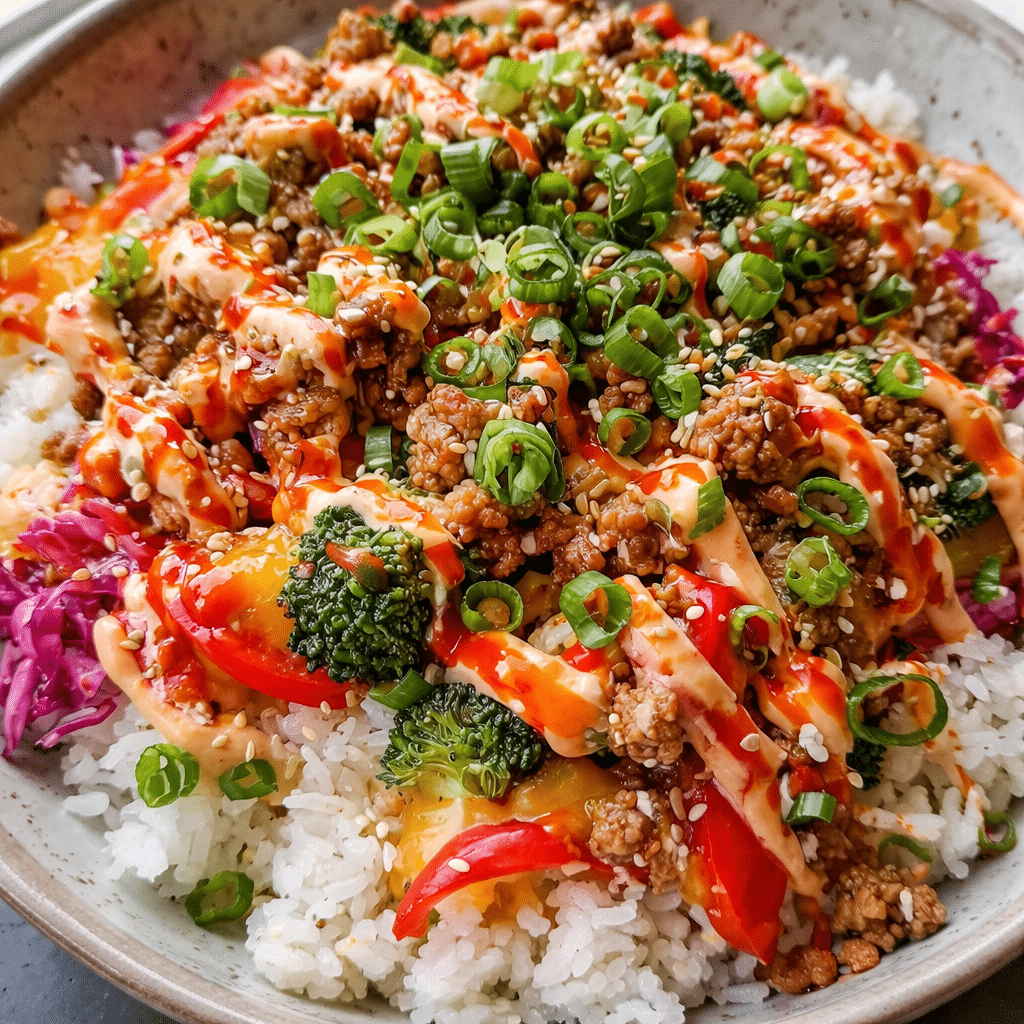 Bang Bang Ground Turkey Rice Bowls with jasmine rice, vegetables, and creamy spicy sauce