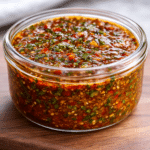 Homemade smoky red chimichurri herb sauce served as a vibrant topping for grilled dishes