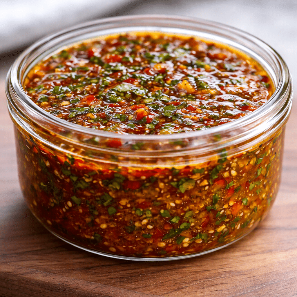 Homemade smoky red chimichurri herb sauce served as a vibrant topping for grilled dishes