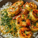 Creamy herb rice shrimp bowl with garlic butter shrimp and fresh herbs