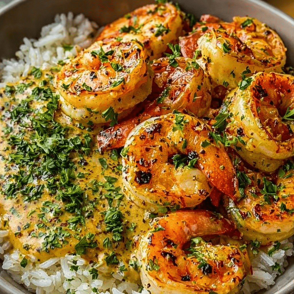Creamy herb rice shrimp bowl with garlic butter shrimp and fresh herbs