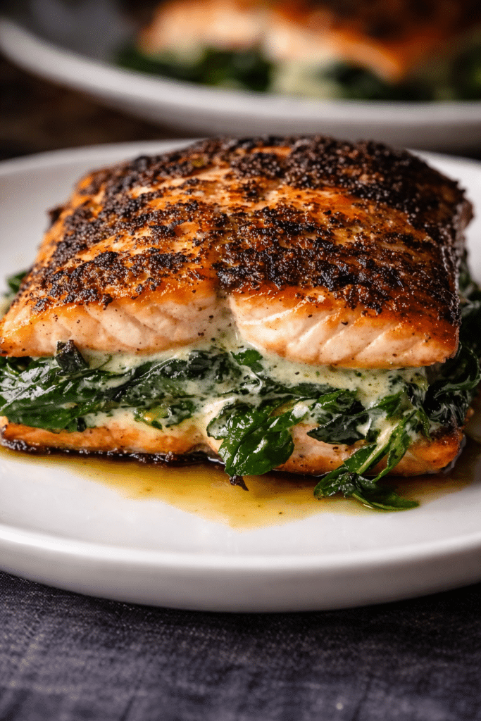 Blackened salmon stuffed with creamy spinach and Parmesan filling