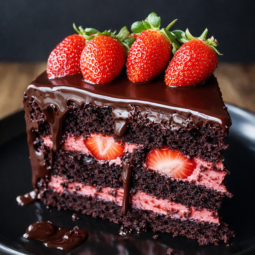 Moist chocolate strawberry cake recipe with fresh strawberries and chocolate frosting