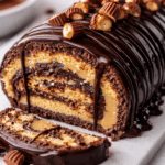 Easy Peanut Butter Cup Roll Cake with chocolate drizzle and smooth peanut butter filling