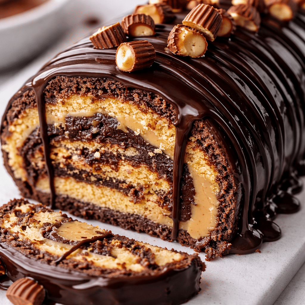 Easy Peanut Butter Cup Roll Cake with chocolate drizzle and smooth peanut butter filling