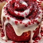 Soft Cinnamon Rolls Red Velvet Edition topped with cream cheese frosting