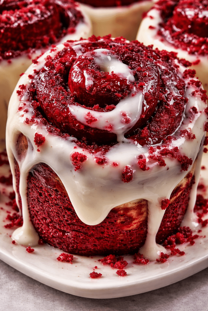 Soft Cinnamon Rolls Red Velvet Edition topped with cream cheese frosting