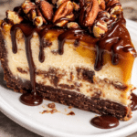 Caramel Turtle Cheesecake topped with chocolate drizzle and pecans