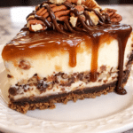 Slice of Caramel Turtle Cheesecake with caramel and chocolate layers