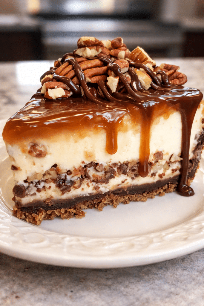 Slice of Caramel Turtle Cheesecake with caramel and chocolate layers