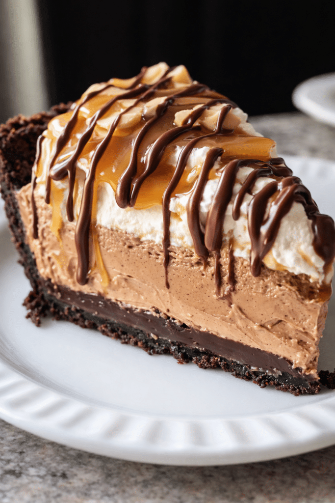 Chocolate peanut butter caramel mousse pie with rich ganache topping and cookie crust