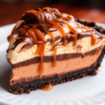 Homemade chocolate peanut butter caramel mousse pie with layered filling and glossy chocolate topping