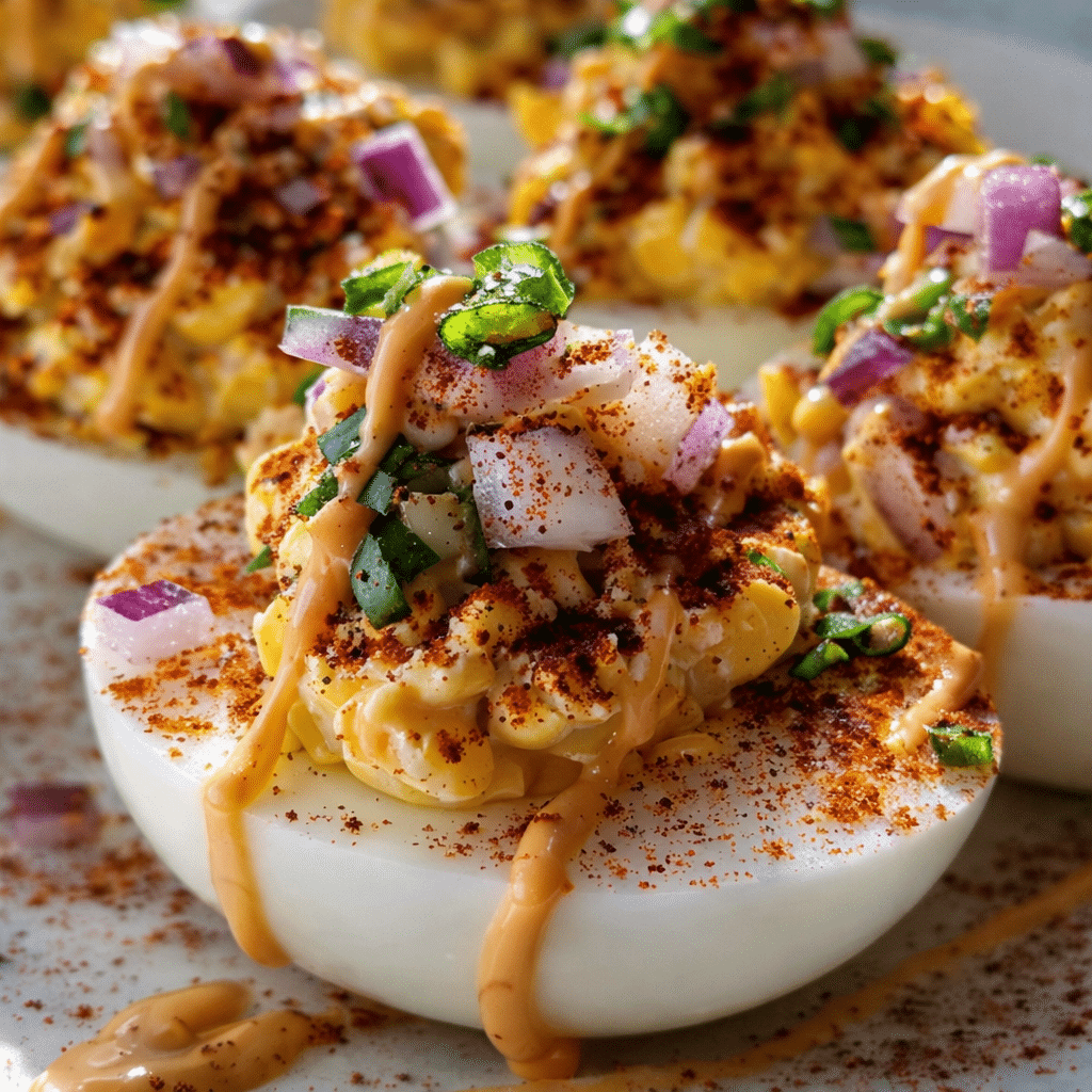 Close-up of creamy Spicy Elote Deviled Eggs with lime, smoked paprika, and Mexican street corn flavors