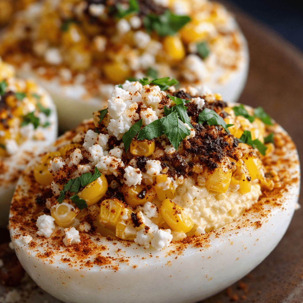 Mexican deviled eggs recipe topped with cilantro and paprika on a white platter