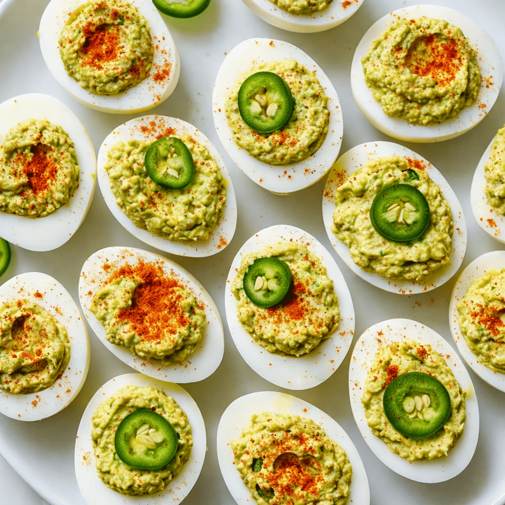 Close-up of Mexican deviled eggs recipe with jalapeño and lime garnish