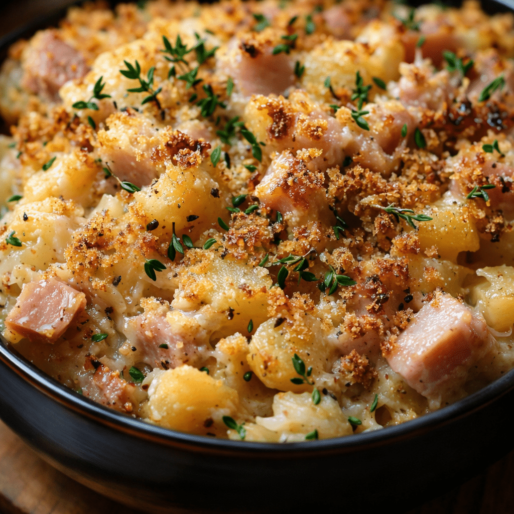 Close-up of creamy crockpot ham and potato casserole garnished with parsley