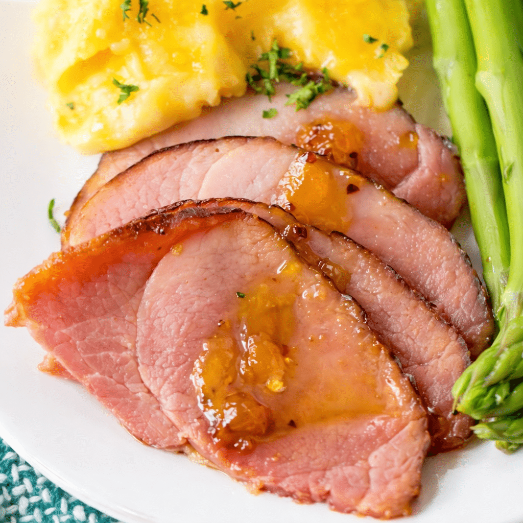 Hot Honey Peach Slow Cooker Ham glazed with peach preserves and spicy honey in a crockpot
