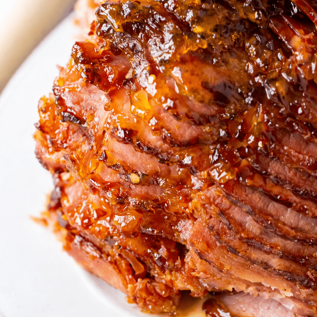 Sliced Hot Honey Peach Slow Cooker Ham served with extra peach glaze