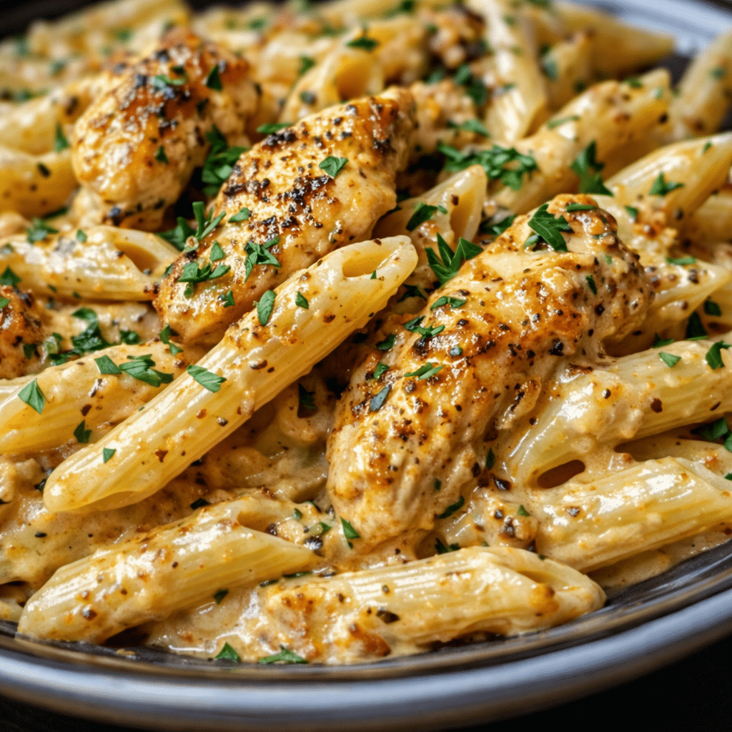 Creamy Cajun Chicken Penne Pasta with sliced chicken and parmesan sauce