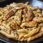 Bowl of Creamy Cajun Chicken Penne Pasta garnished with fresh parsley