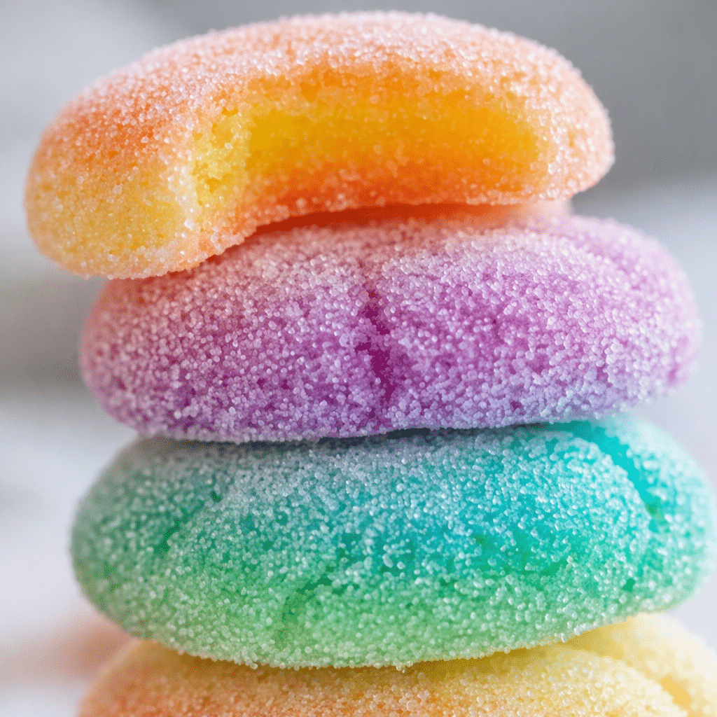 Colorful Jello Sugar Cookies rolled in sugar on a white plate