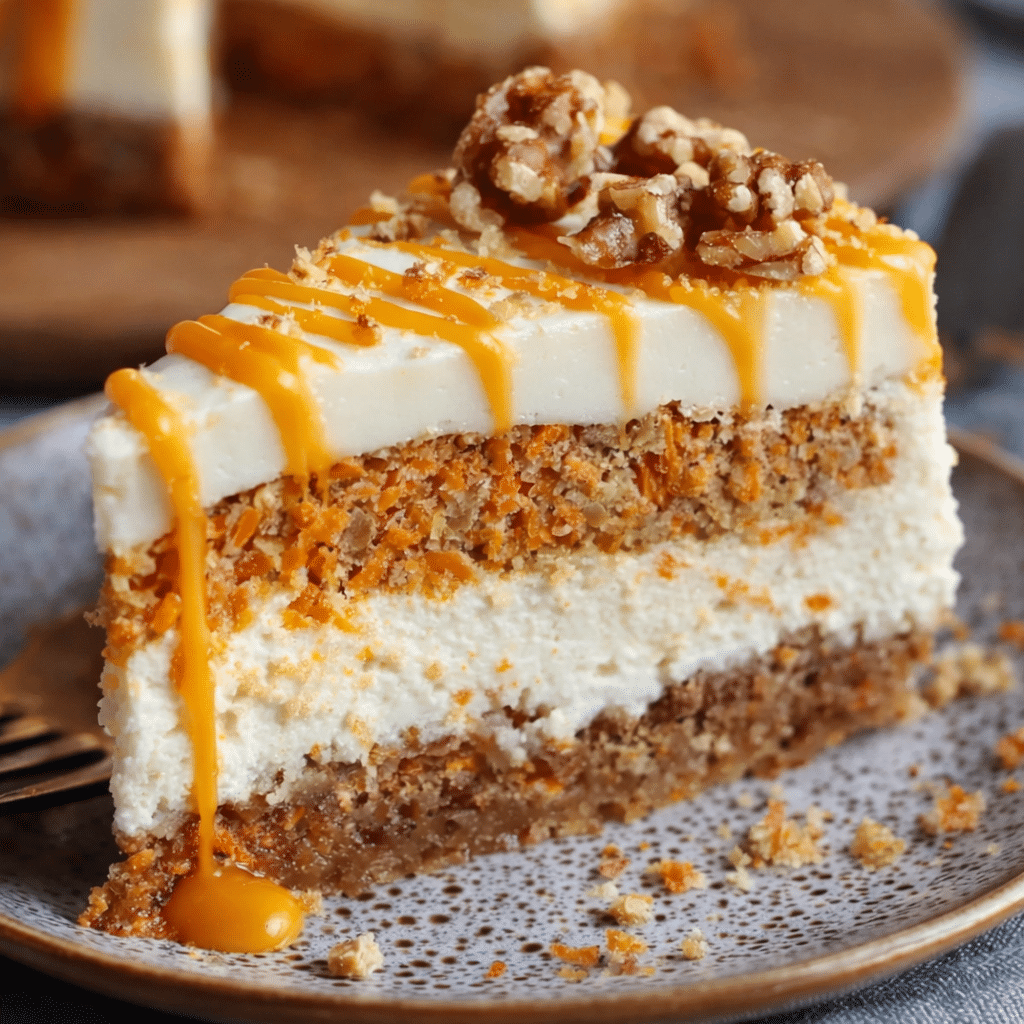 Slice of carrot cake cheesecake recipe showing creamy cheesecake layer over moist spiced carrot cake.