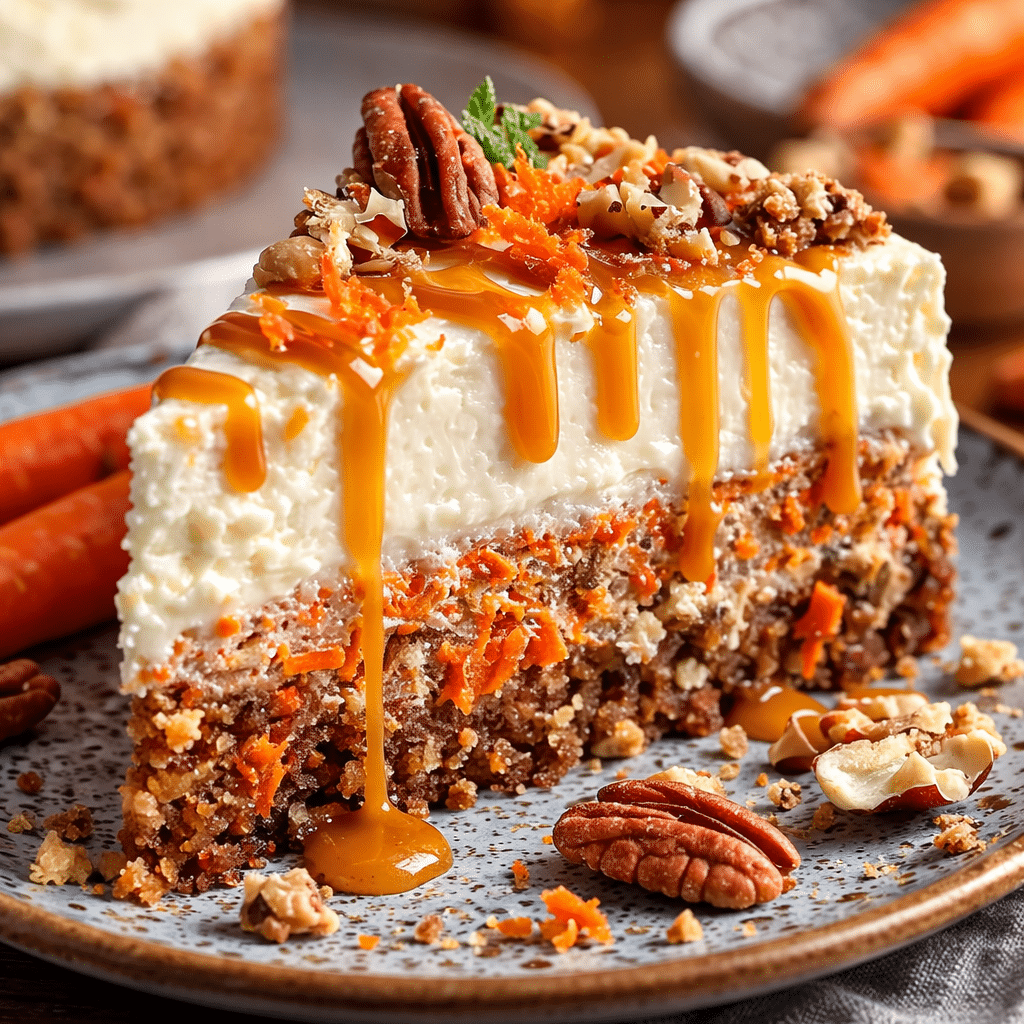 Whole carrot cake cheesecake recipe in springform pan topped with cream cheese frosting and pecans.