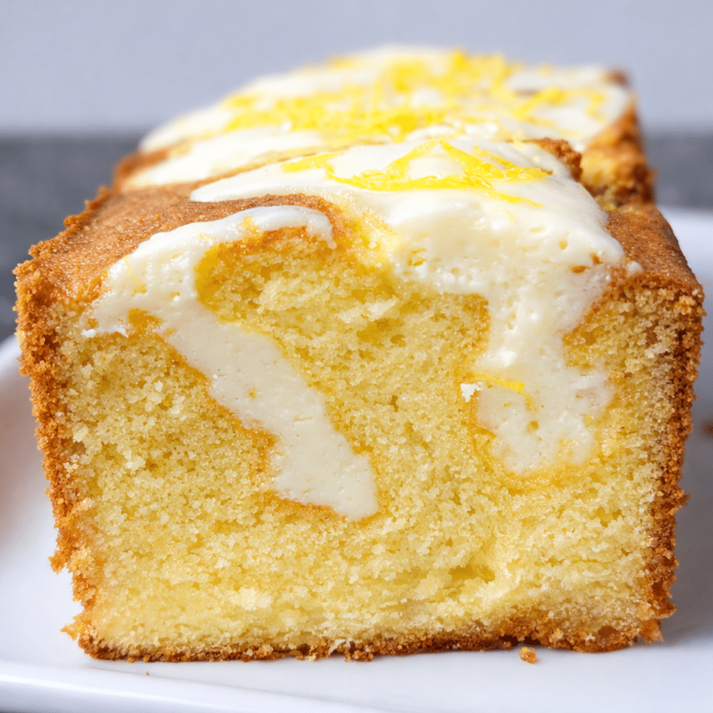 Fresh lemon cream cheese loaf sliced on a wooden board with lemon glaze drizzle